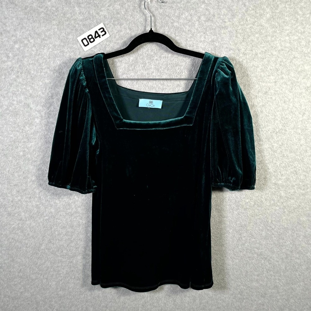 CeCe Velvet Top Womens Small Green Stretch Square Neck Puff Sleeve Holiday Party